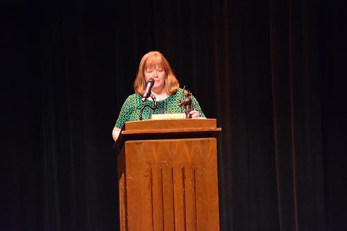 Mrs. Christina Geabhart giving speech while receiving the Knight Award. 