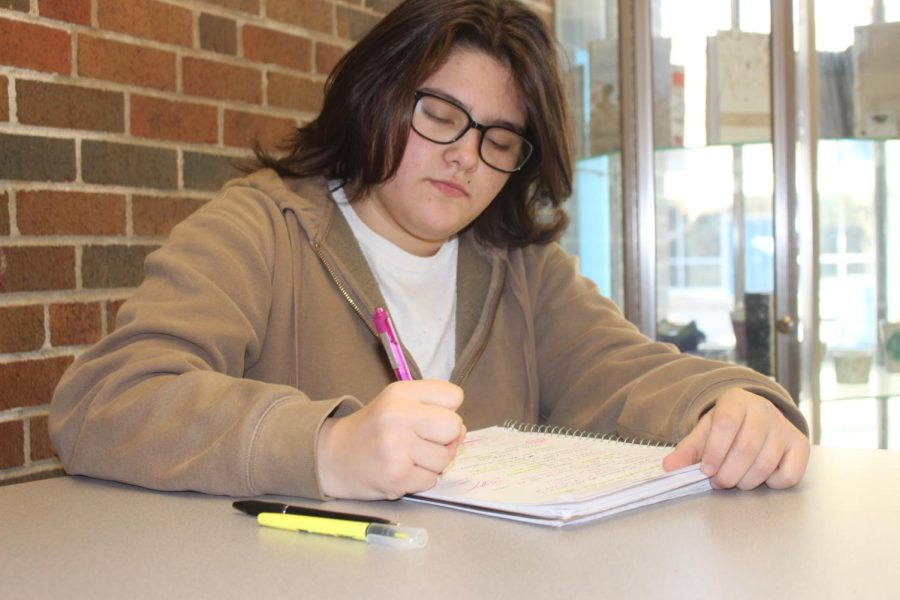 CLICK. Freshman Isabel Sykes focuses hard on completing AVID notes,which could determine her grade. These notes are based on biology, a class in which really pushes her. “Biology this year has made me feel challenged and stressed on a deeper level rather than middle school work,” Sykes said. 