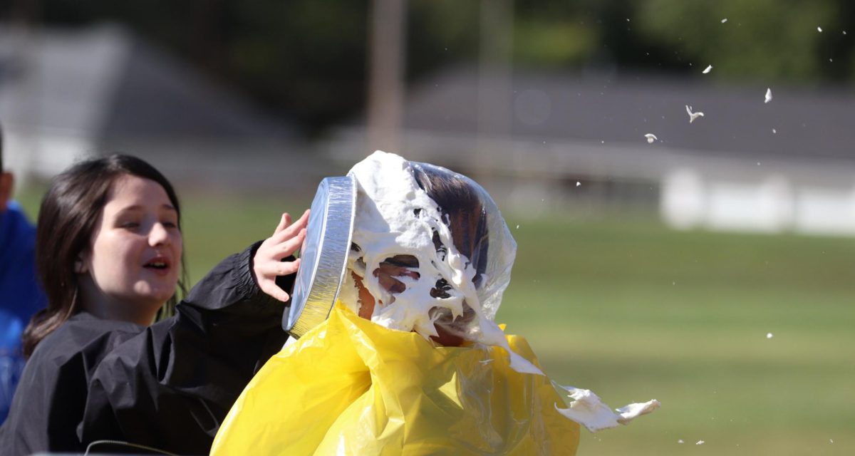 To end off the assembly, the Meadowbrook students hit a fundraising goal and pied Principal Jenny Widman in the face.