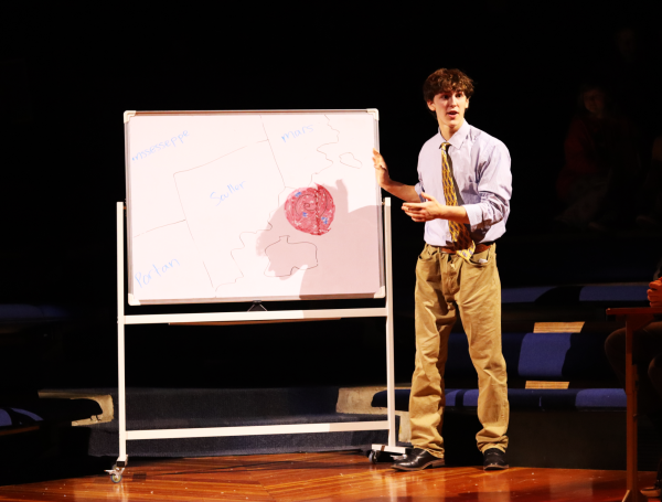 Sophomore Ben Kirkendoll announces the weather on his white board. This show had been the last one for the day, it was called "Newly Seen News." Kirkendoll played the weatherman. He had shown a dangerous storm coming in which was the repeating gag of the show. This was Kirkendoll's first One Act and he said, “I felt really cool. I’ve never done theater before, so it was kind of like a new experience, but it was a lot of fun.”