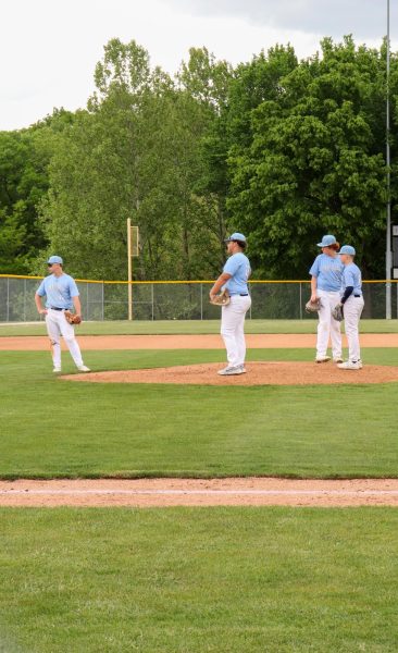 The infield team working together to make a plan of how to attempt to come back in this game on Thursday April 30, 2026.